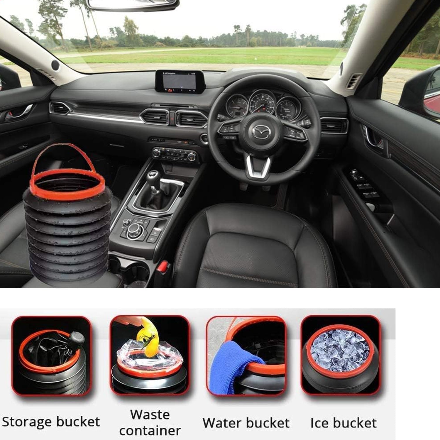Detailed view of bucket showing its multiuse functionality and foldable feature. Detailed view of bucket showing its multiuse functionality and foldable feature.